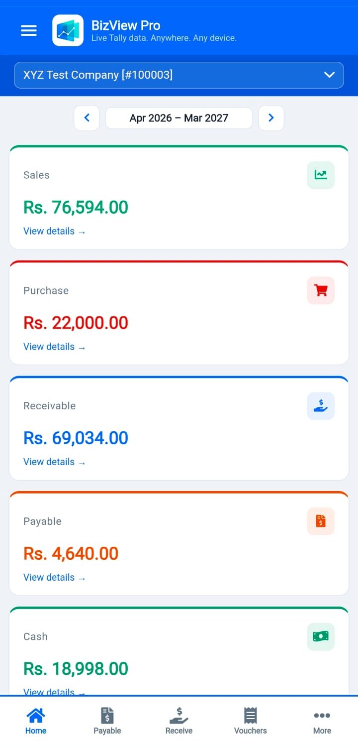 Tally sales, purchase, receivable and payable dashboard on mobile