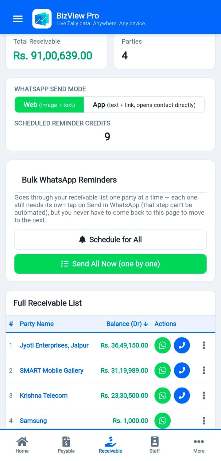 Tally outstanding receivable list with WhatsApp payment reminder on mobile