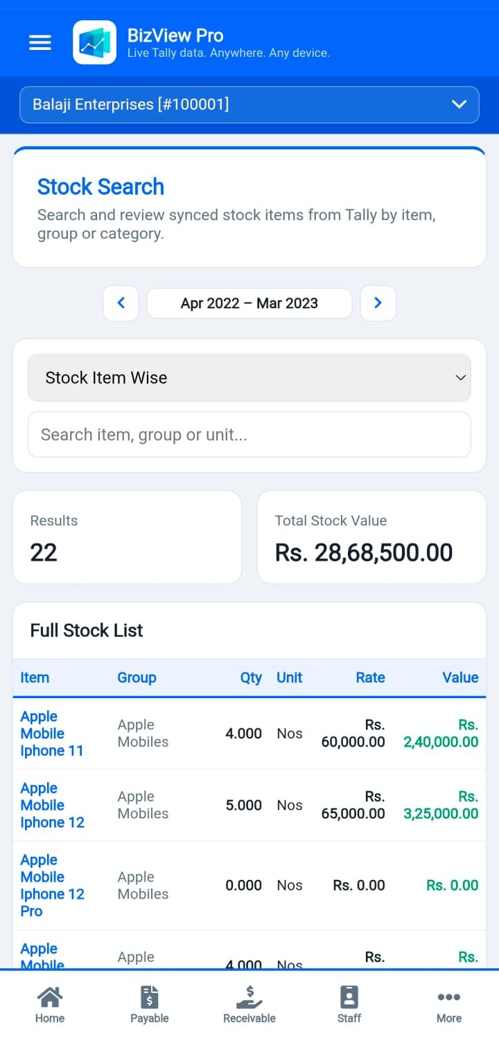 Tally stock search by item and group on mobile